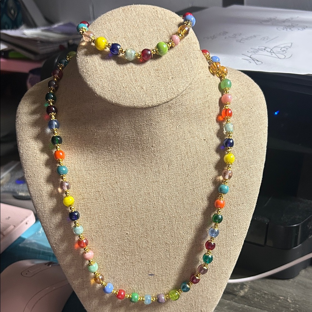 Murano Glass Rainbow Bead Necklace & Bracelet Set Filigree Goldtone Accents